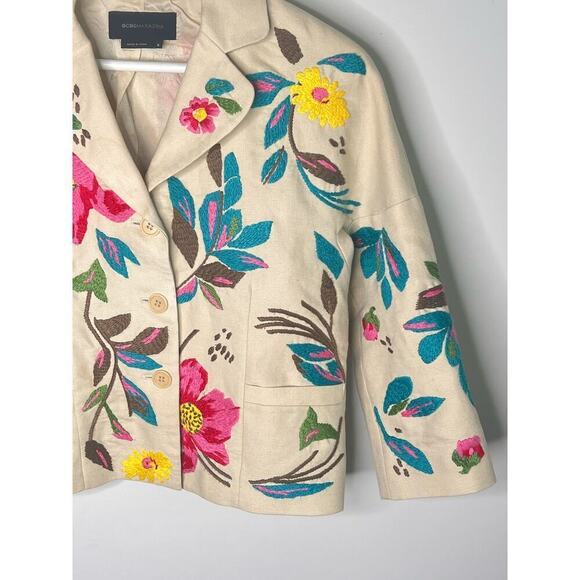 BCBGMaxAzria Embroidered Floral 3/4 Sleeve Cropped Blazer Beige Multi Women's S - Picture 2 of 10